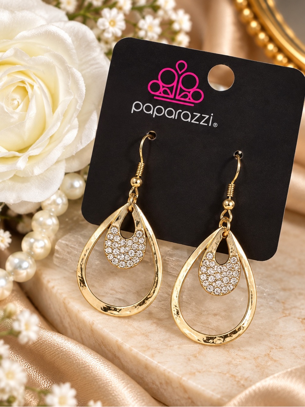 paparazzi Gold Teardrop Crystal Accent Dangle Earrings